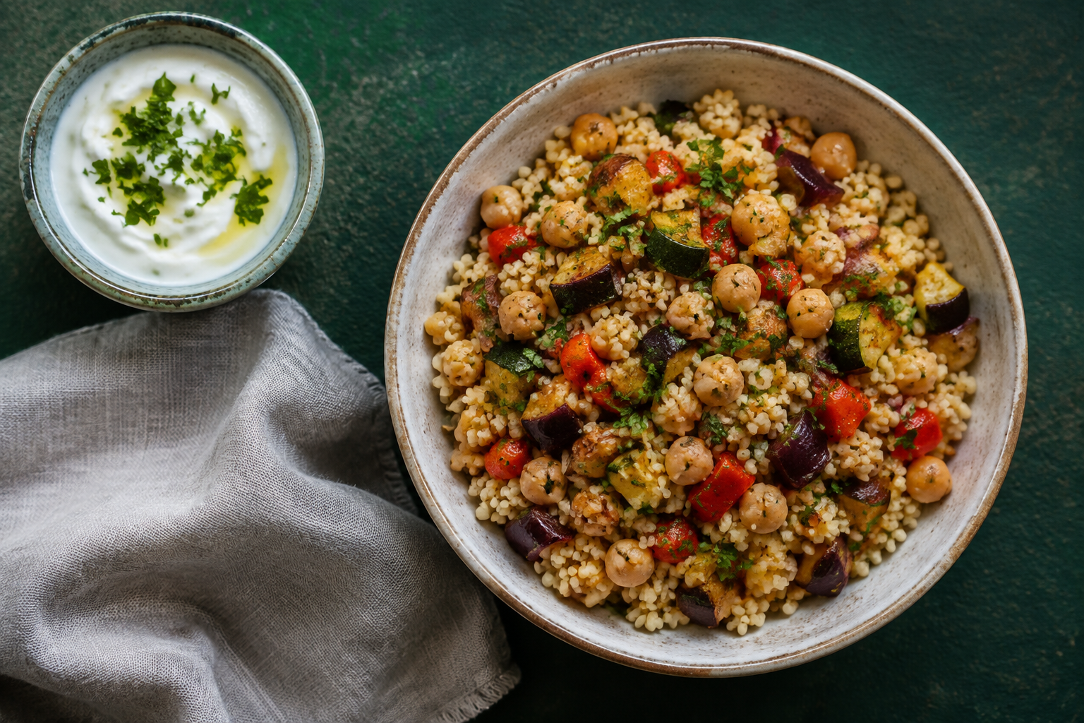 Bulgur, nohut ve sebzelerle hazırlanmış bir kase; yanında yoğurt.